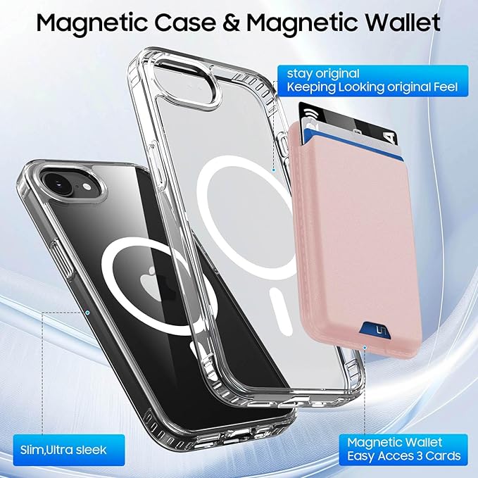 Ntwinro Magnetic for iPhone 16e Clear Case (Compatible with MagSafe) with Pink Detachable Wallet & Card Holder for 3 Cards [RFID Blocking] Military Grade Protective Slim Phone Cover