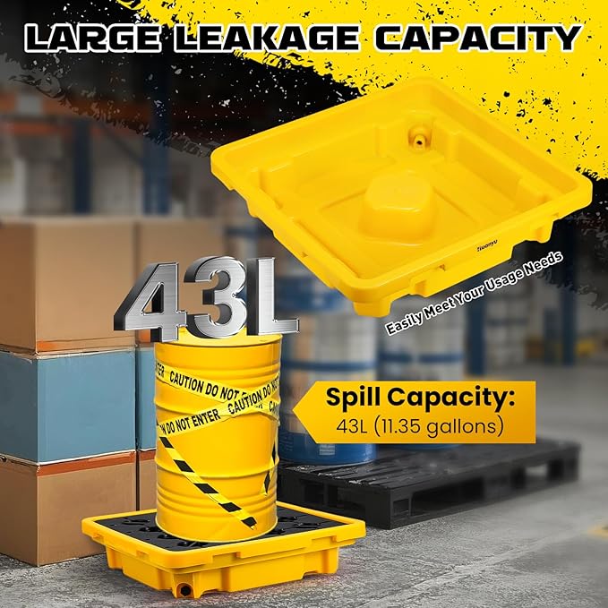 Huanyu Spill Containment Pallet Modular Spill Containment Tray Platform with Drain Outlet 1 Drum Capacity 200L 26.4 x 26.4 x 6 Inches Load 800kg 1763lb (1 Pcs)