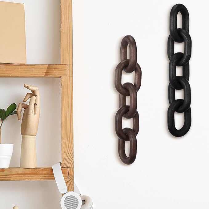 Queekay Decorative Wood Chain Link Decor Rustic Wooden 5 Link Wooden Decor Ornament Farmhouse Home Decoration Hand Carved Wood Chain Ornaments for Coffee Table(Dark Walnut)