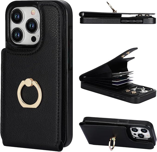 Folosu Compatible with iPhone 15 Pro Case Wallet with Card Holder, 360°Rotation Finger Ring Holder Kickstand, RFID Blocking Leather Protective Double Buttons Shockproof Cover 6.1 Inch Black