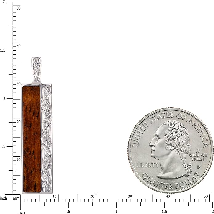 Aloha Jewelry Company 925 Sterling Silver Hawaiian Heirloom Scroll Koa Wood Bar Necklace Pendant with 18" Box Chain, Nickel Free Hypoallergenic for Sensitive Skin, Gift Box Included