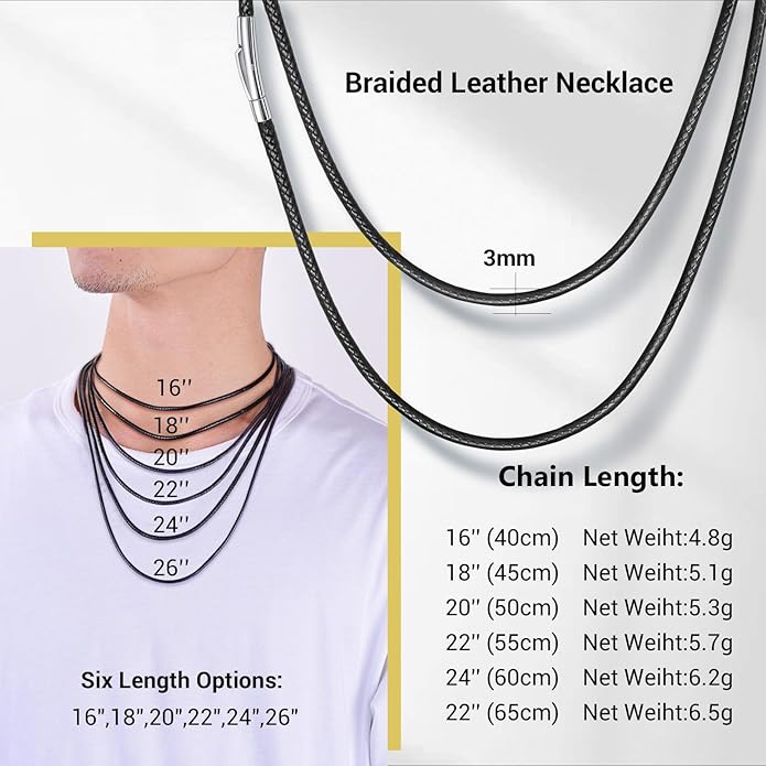 Leather Necklace Cord with Stainless Steel Clasp, Black/Brown Color Waterproof Wax Rope Chain 2mm 3mm Wide Braided Cord String Necklaces for Men Women 16"-30"