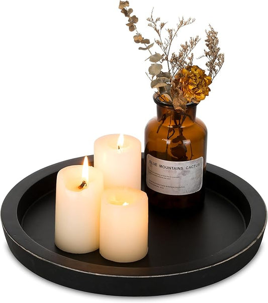 Hanobe Candle Plate Holder Tray: Round Wood Decorative Candle Plate - Rustic Farmhouse CoffeeTable Decor - Tealight Pillar Trays for Home Decor (Black)