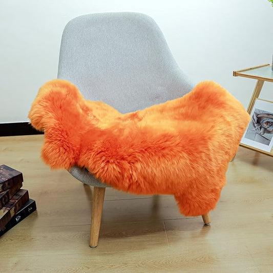 Orange Premium Genuine Sheepskin Rug, Genuine Sheepskin Natural Lambskin Shaggy Fur Area Rug for Kids Bedroom Sofa Chair Seat Cover Pets Dogs Mat Single Pelt/2FT*3FT