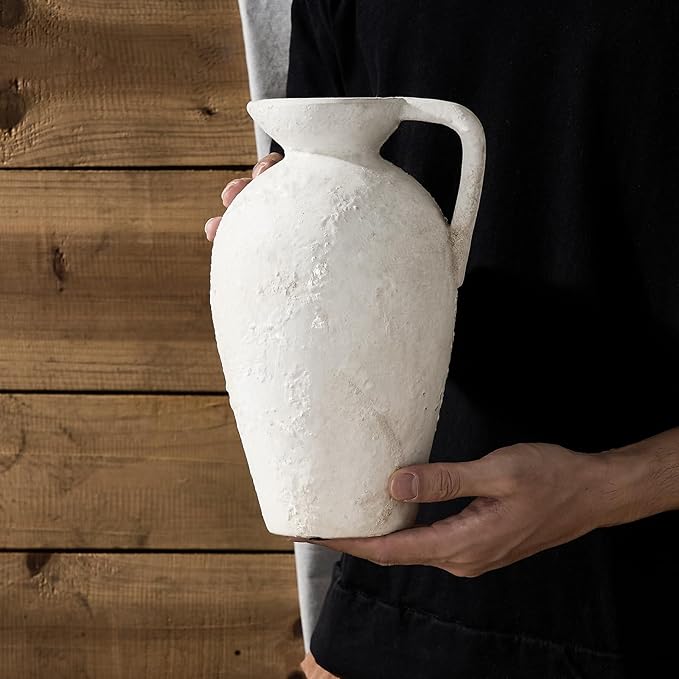 LUKA Rustic Farmhouse Terracotta Vase, 9.25 inch with Handle, Neutral Tall Clay Vase for Living Room, Table, Shelf Decor (Off-White)