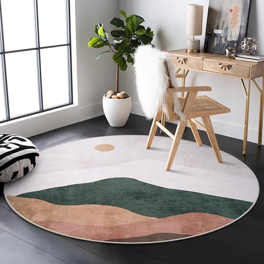 4ft Abstract Round Rug,Soft Washable Non-Slip Sun and Mountain Circle Kids Room Rugs,Chic Faux Wool Low-Pile Circular Throw Rugs for Entryway/Bedroom/Nursery/Living Room/Bathroom(Grey)