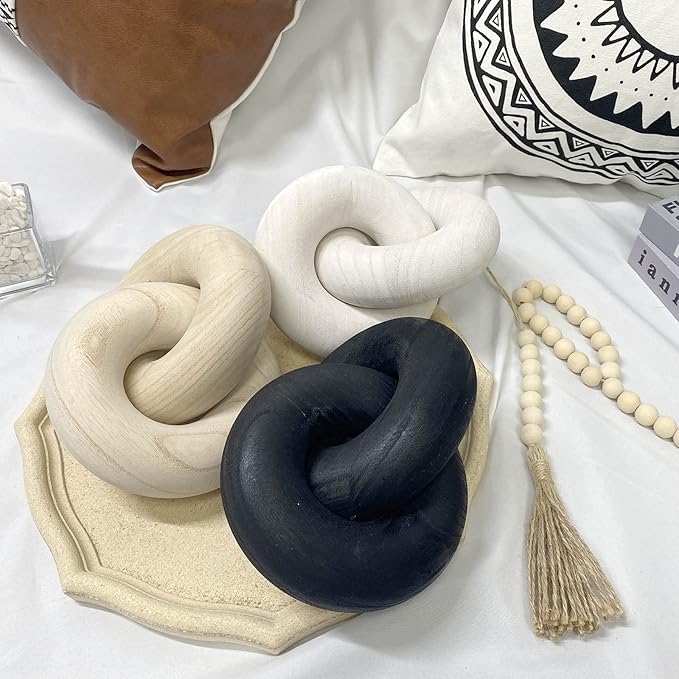 S-SNAIL-OO 2-Link Wood Chain / Knot Décor, Hand Carved Boho Bead Home Shelf Decor Suitable for Bedroom, Living Room, Coffee Table, Black