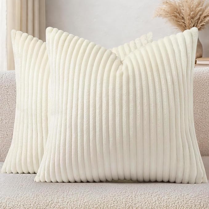 Simmore Decorative Spring Euro Sham Throw Pillow Covers 22x22 Set of 2, Soft Natural Plush Flannel Double-Sided Fluffy Couch Pillow Covers for Sofa Living Room, Cream White