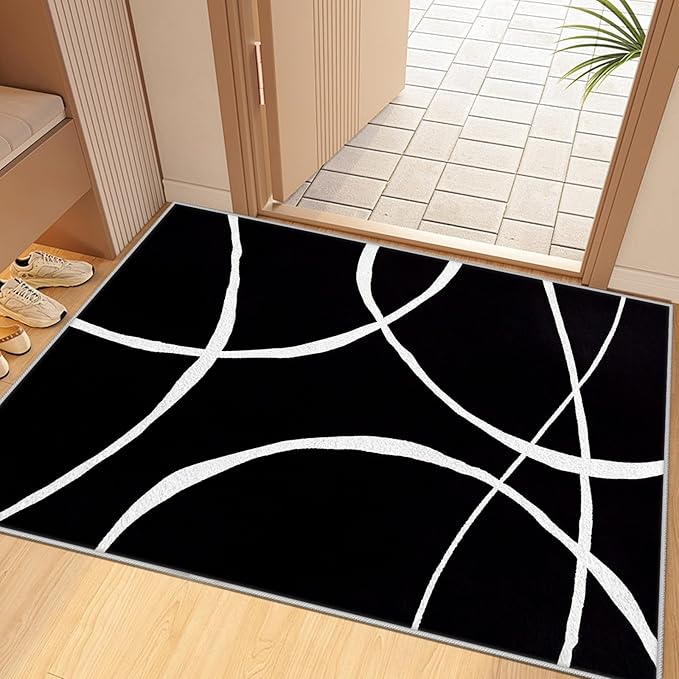 Black and White Rugs - 5x8 Area Rug, Abstract Rug, Modern Minimalist Rugs, Curved Line Design Carpet, Black and White Abstract Carpet Washable Non Slip Home Decor 5x8