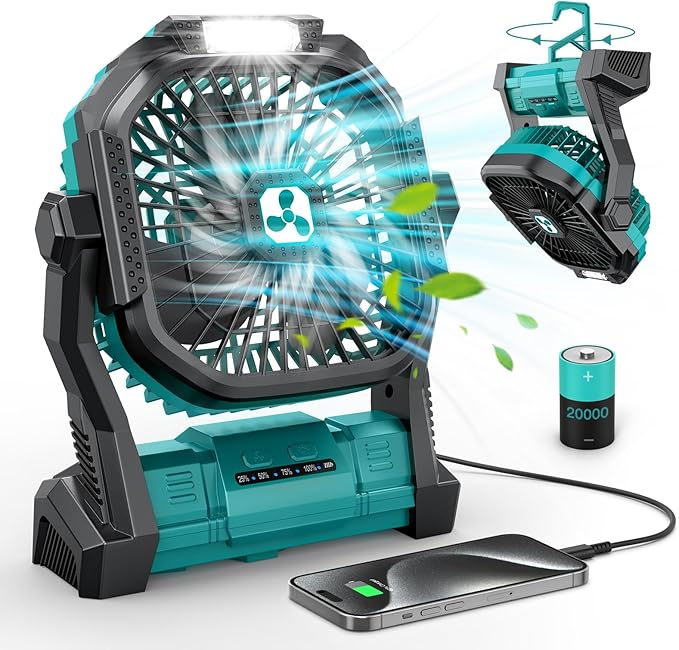 Portable Fan Rechargeable, 20000mAh Cordless Battery Powered Fan with LED Lantern, USB C Battery Operated for Travel Bedroom Home Camping Tent Office Beach Desk Fishing Table