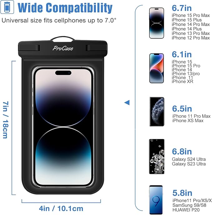 ProCase 2 Pack Waterproof Phone Pouch Case, 7" Universal Underwater Cellphone Dry Bag for iPhone 17 Air 16 15 14 13 Pro Plus Max 12 11, Galaxy S24 S23 S22 Ultra Pixel -Black
