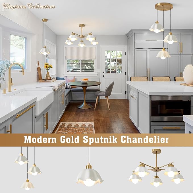 Mid Century Modern Brass Semi Flush Mount Ceiling Light 3 Lights Milk Opal Glass Ceiling Light Fixture Gold Sputnik Chandelier Light Fixture Vintage Hanging Ceiling Lights for Foyer MCL08-3 GD