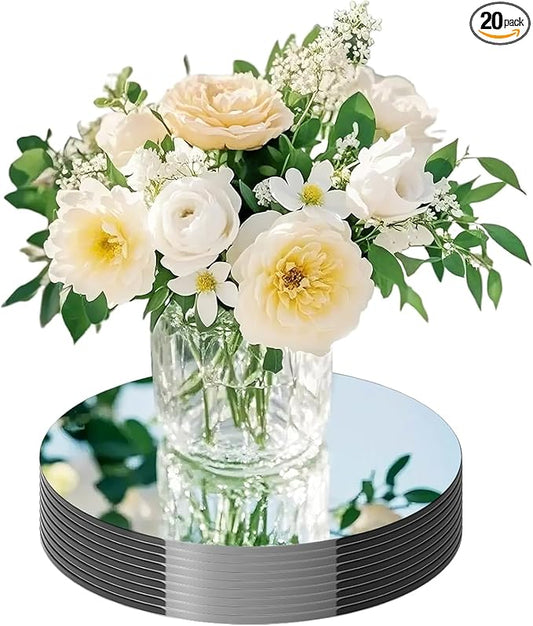 20 Pack Round Mirror Centerpieces for Tables, No Glass AcrylicCircle Mirror Table Centerpieces Mirror Tray Candle Plates for Wedding Table DecorationChristmas Home Decor (8inch)