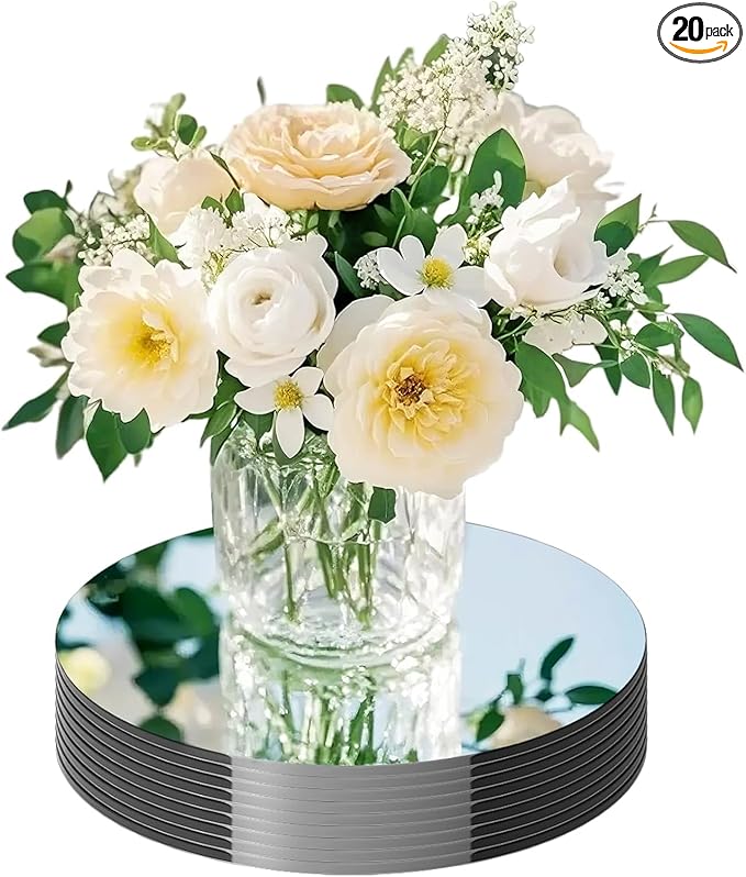 20 Pack Round Mirror Centerpieces for Tables, No Glass AcrylicCircle Mirror Table Centerpieces Mirror Tray Candle Plates for Wedding Table DecorationChristmas Home Decor (10inch)