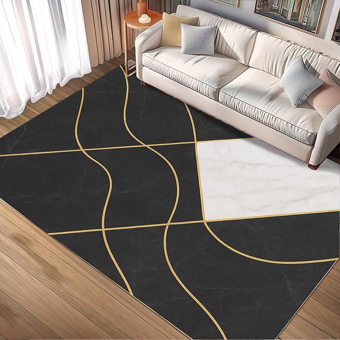 Geometric Marble Rug - 6x8 Area Rug, Abstract Lines Rugs, Luxury Marble Dining Room Rugs, Washable & Non Slip Large Carpet Home Decor