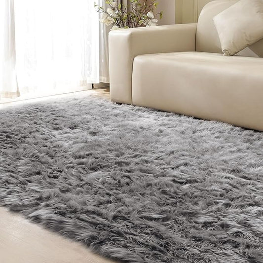 Shag Rug 6x9 Area Rugs for Bedroom Silver Grey Fluffy Machine Washable Faux Sheepskin Shaggy Fur Rugs for Living Room Nursery Rug