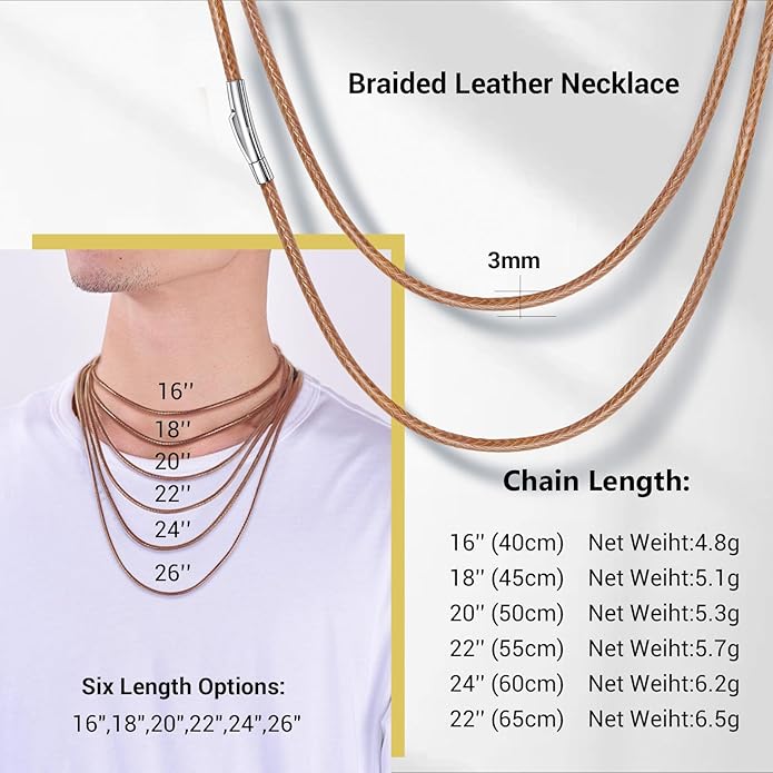 Leather Necklace Cord with Stainless Steel Clasp, Black/Brown Color Waterproof Wax Rope Chain 2mm 3mm Wide Braided Cord String Necklaces for Men Women 16"-30"