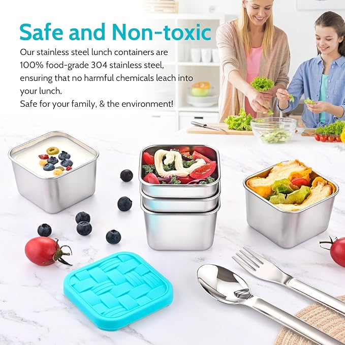Ryrokxivi 8PC 6oz Stainless Steel Snack Containers with lids, BPA-Free Metal Kids Snack Cups with Fork and Spoon, Leakproof Lunch Box Containers，Resuable Baby Food Storage Bowl