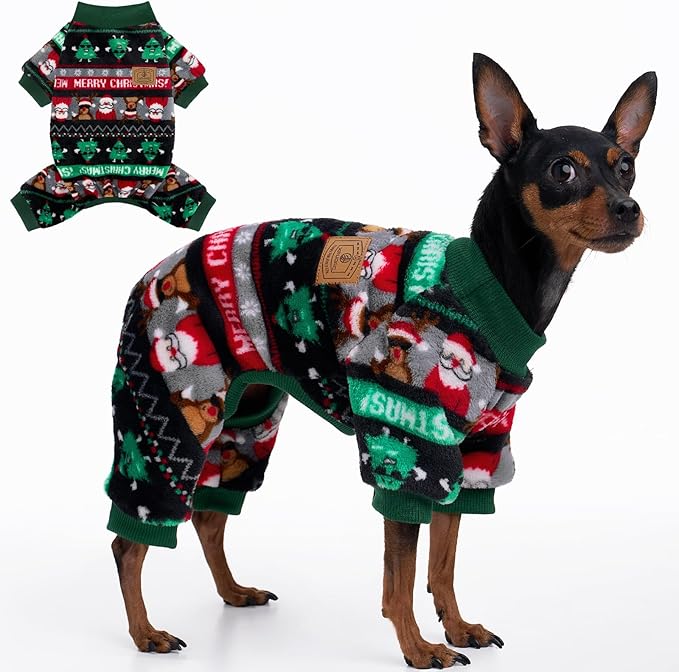 XPUDAC Christmas Dog Pajamas Fleece Dog Sweater Holiday Pet Outfit for Small Medium Dogs Girl Boy Puppy Clothes Onesie, S