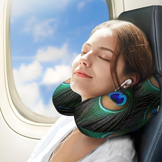 Unisex Travel Pillow U-Shaped Memory Foam Neck Support, Peacock U-Shape, Washable Airplane Car Nap Cushion