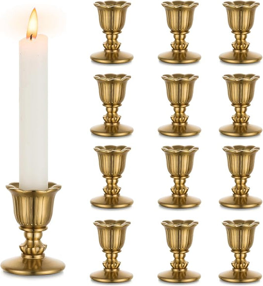 Vintage Candlestick Candle Holders Brass - Romadedi Taper Gold Candle Stick Victorian Style for Table Centerpiece Wedding Reception Festive Christmas Mantel Decoration or Home Decor Set of 12