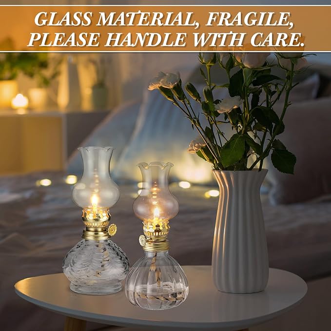 Yexiya 6 Pcs Chamber Oil Lamps Oil Lamp Vintage Glass Kerosene Lamp Bulk with Adjustable Fire Wick Rustic Clear Hurricane with 6.6 ft Extra Wick for Indoor Use Home Decor 8 Inch (Cute Style)