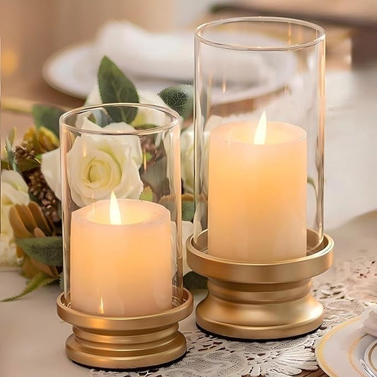 NUPTIO Hurricane Candle Holder Gold: Pillar Candle Holders with Clear Glass Sleeve - Set of 2 Decorative Brass Metal Pillars Stand for Dining Table Centerpiece Shelf Fireplace Mantel Decor