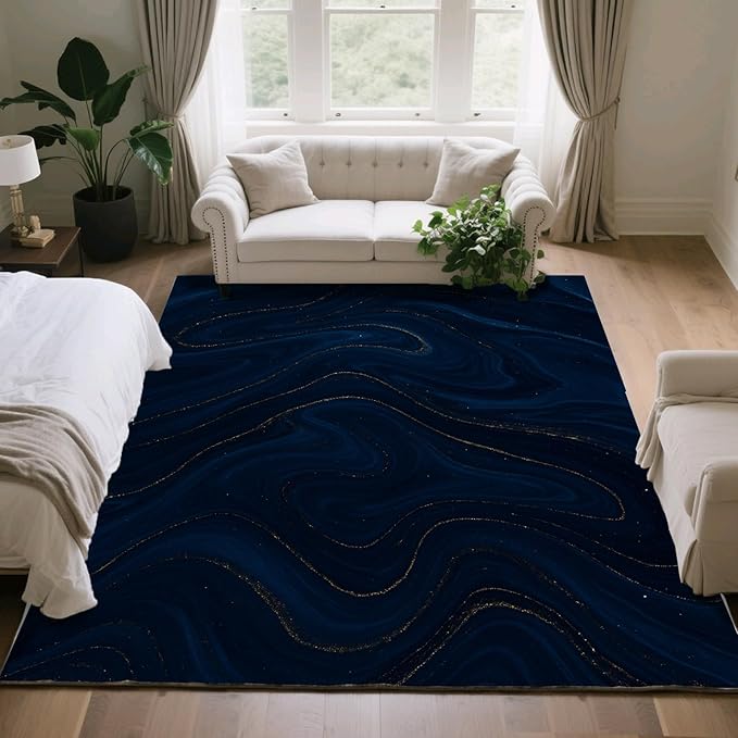 Luxury Marble Rug - 3x4 Rug, Navy Blue Marble Outdoor Rugs, Modern Abstract Entryway Rugs, Washable & Non Slip Carpet Home Decor