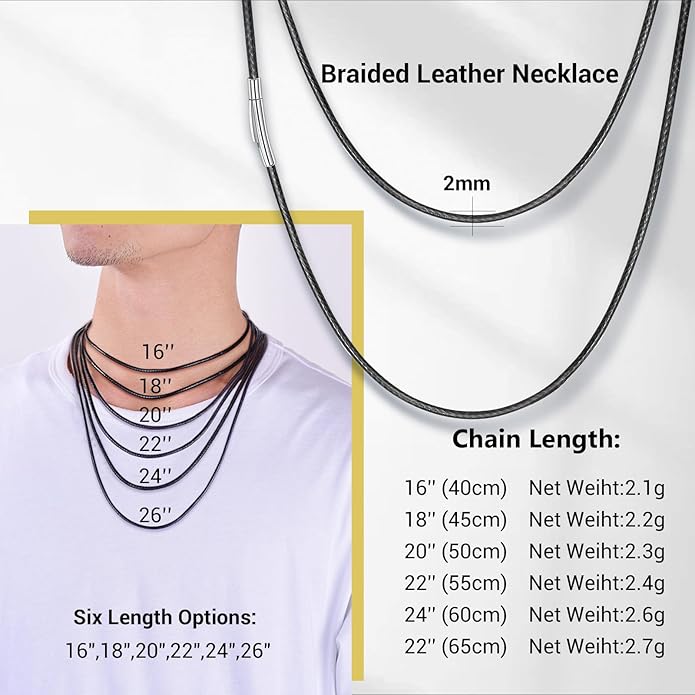 Leather Necklace Cord with Stainless Steel Clasp, Black/Brown Color Waterproof Wax Rope Chain 2mm 3mm Wide Braided Cord String Necklaces for Men Women 16"-30"