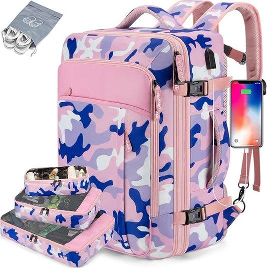 Lumesner Carry on Travel Backpacks, Extra Large 40L Flight Approved for Men & Women,Expandable Suitcase backpack (Camouflage Pink(Backpack With 4 Packing Cubes))