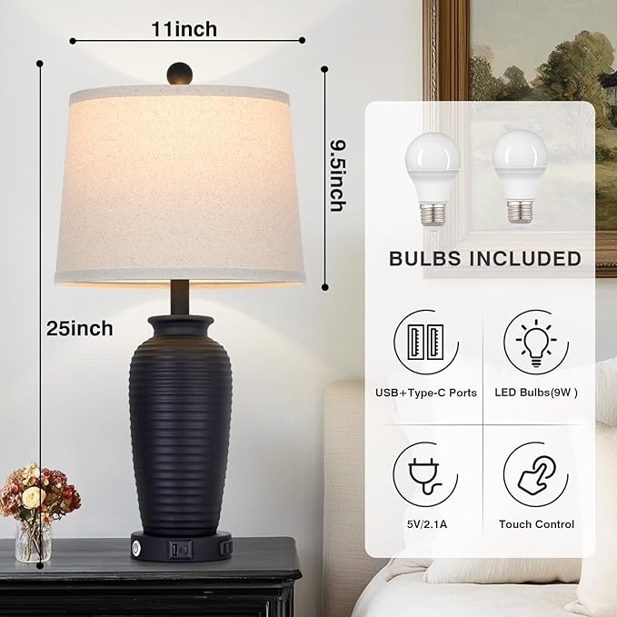 25" Retro Black Farmhouse Jar Table Lamps Set of 2, 3 Way Touch Control Rustic Bedside Lamps with USB A+C Ports & AC Outlet, Pot Nightstand Lamps for Bedroom Living Room (LED Bulbs Included)