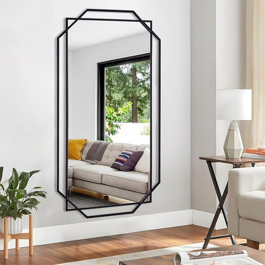 Black 60"x30.5" Full Length Wall Mirror, Large Bathroom Rectangular Mirror with Metal Modern Octagonal Frame, for Entryway,Living Room, Dining Room