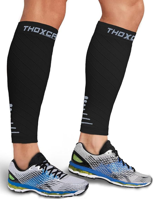 Thoxcare Calf Compression Sleeve for Men Women (1 Pair), Leg Support Footless Compression Socks for Running - Shin Splint Varicose Veins Swelling & Pain Relief, Black/Gray, Small