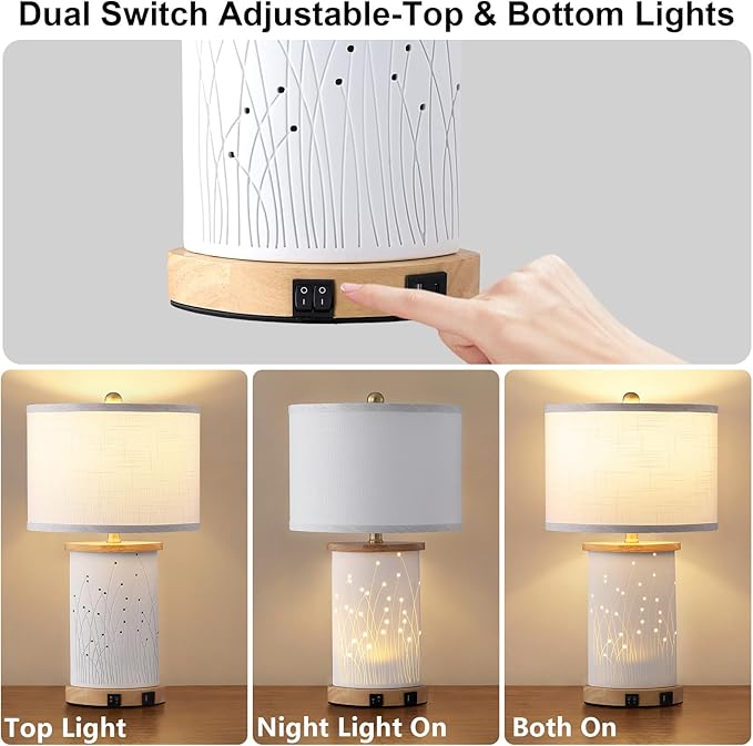 Set of 2 Ceramic Table Lamps with 3 Color Temperatures, Nightstand Table Lamps with AC Outlet, USB A & C Charging Port, Bedside Lamps for Living Room, Bedroom, Office Reading, Burlywood