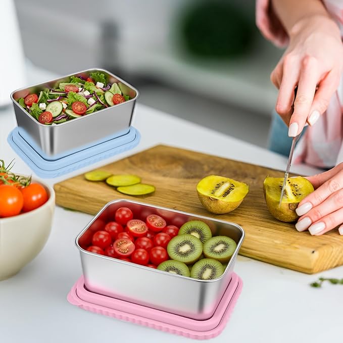 Acellegic Stainless Steel Snack Containers with Silicone Lids, 15 oz Reusable Food Storage Deli Containers for Meal, Leak Proof, Easy Open BPA Free Daycare and School(Blue, Pink, Green,3 Pack)