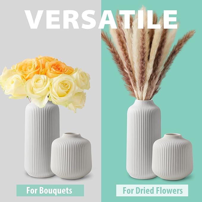 Ceramic Vases in Nordic Style, Modern Vase Deco for Pampas Grass, Boho Deco for Windowsill, Vases Set in White Matt, Flower Vase as Home Decoration for Fresh Flowers, Dried Flowers, Set of 2