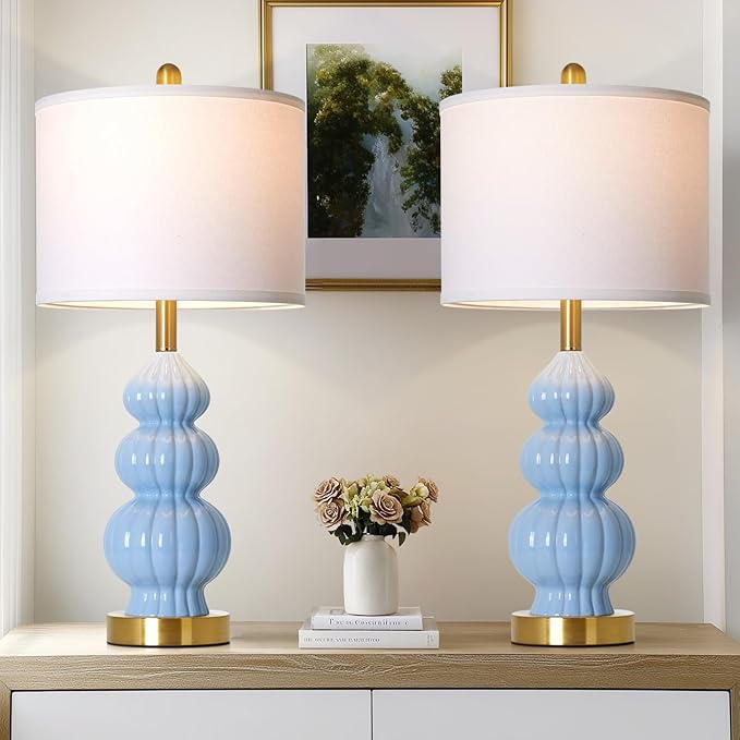 Blue Ceramic Lamps Set of 2, 26.5" Modern Table Lamps for Living Room, Classic Bedside Lamp with Triple Gourd, Elegant Bedroom Lamp for Night Stand Desk Side End Table Home Decor