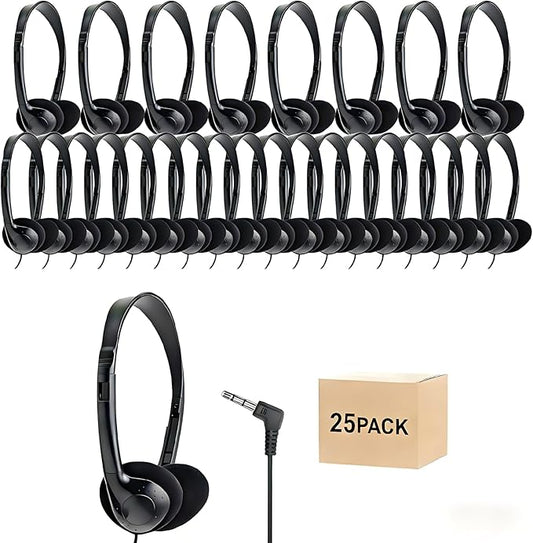 25 Pack Class Set Headphones for Kids Students School Classroom Bulk Earphones Adjustable with 3.5 mm Jack for Library Children Adults(004 Black Headphones)