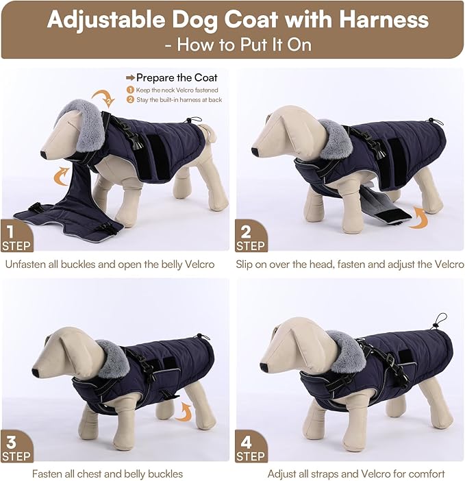 Queenmore XXXL Dog Coats for Extra Large Dogs Winter with Harness Built-in, Warm Waterproof Jacket Large, Cold Weather Outdoor Puffer Coat - Fleece Lining Hook & Loop Closure Reflective Easy On, Navy