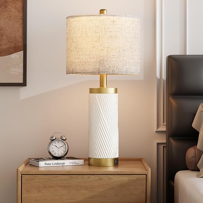 24.5" Modern Ceramic Table Lamp Set of 2 for Living Room, Table Lamps with USB Ports for Bedroom Set of 2， Farmhouse Bedside Nightstand Bedside Lamp End Table Lamps White