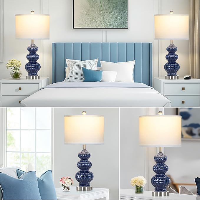 Triple Gourd Ceramic Table Lamps Set of 2, Modern Blue Bedside Lamps with Rotary Switch, Contemporary Nightstand Lamps for Bedroom Living Room