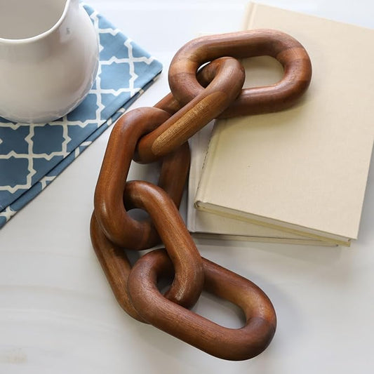 Acacia Wood Chain Link Decor- Brown with Subtle Red Undertone Decorative Chain Links for Coffee Table, Book Shelves, & Racks - Modern Rustic Home Decor Gift Ideas for Housewarming & Wedding