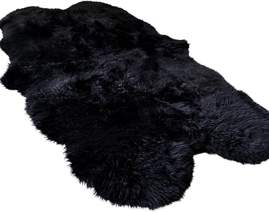 Woolous Sheepskin Rug 4x6 – Genuine New Zealand Large Quad Real Natural Lambskin Area Rug Carpet for Bedroom, Living Room, and Nursery Décor（Black,Quad pelt 4x6）