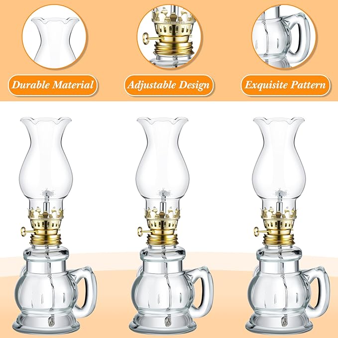 Yexiya 12 Pcs Chamber Oil Lamps Oil Lamp Vintage Glass Kerosene Lamp Bulk with Adjustable Fire Wick Rustic Clear Hurricane with 6.6 ft Extra Wick for Indoor Use Home Decor 8 Inch (Elegant)
