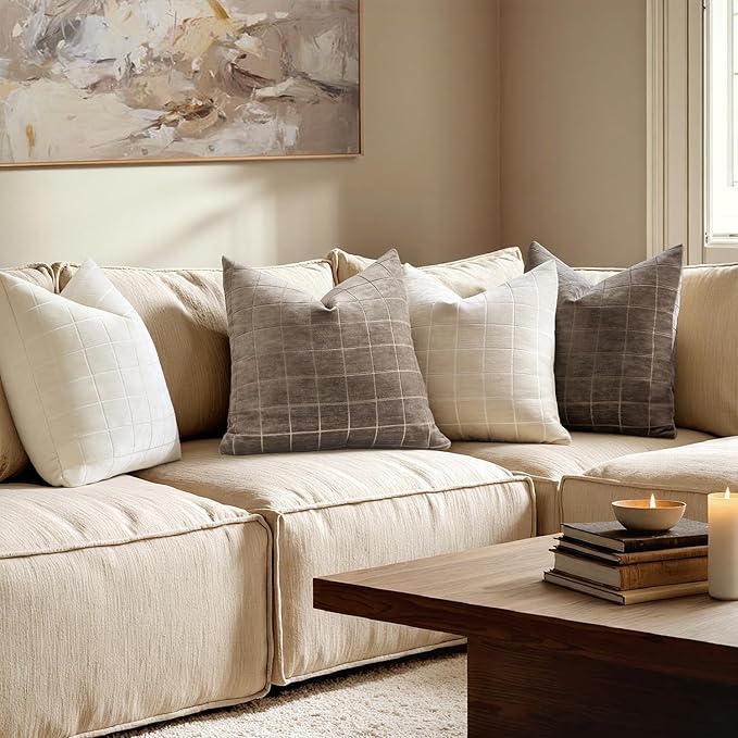 MIULEE Decorative Chenille Check Throw Pillow Covers Vintage Plaid Couch Pillows 22x22 Inch Set of 2 Neutral Boho Farmhouse Cushion Covers Modern Spring Home Decor for Sofa Bed Living Room Taupe Grey