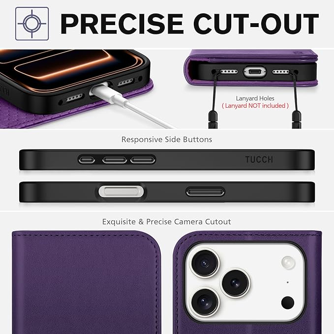 TUCCH Wallet Case for iPhone 17 Pro (6.3") 2025, 3 Credit Card Slot | RFID Blocking | Stand | PU Leather | Protective Flip Folio Cover | Shockproof TPU Interior Shell | Dark Purple