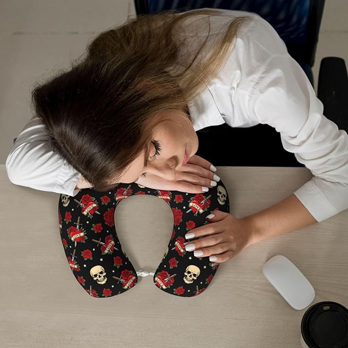 Neck Pillows for Travel Red Rose Sugar Skulls Flowers Floral, Women and Men Airplane Car Pillow, Neck Support U Shaped Pillow for Rest Pain Relief Sleeping