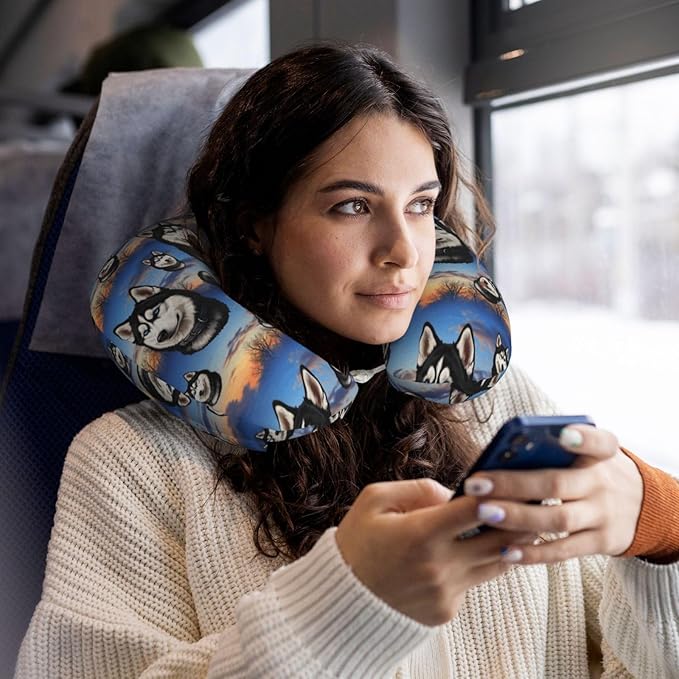 Neck Travel Pillow, Women Men Washable Airplane Car Pillows Funny Alaska Husky Dog, Head Support Rest U Shaped Cushion Comfortable for Watching TV