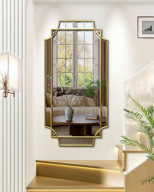 Wall Mirror Full Length, 47" x 24" Gold Wood Framed Full Body Mirror, Scalloped Beveled Polished Decorative Mirrors, Large Rectangle Irregular Mirror for Bathroom/Bedroom/Living Room/Entryway