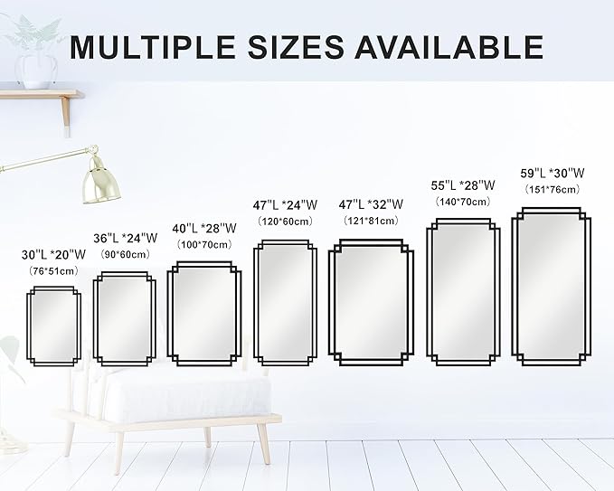28" x 55" Living Room Mirror for Wall Decor, Large Decorative Mirror with Metal Frame, Modern Black Wall Decor for Bathroom, Entrance, Bedroom, Horizontal or Vertical
